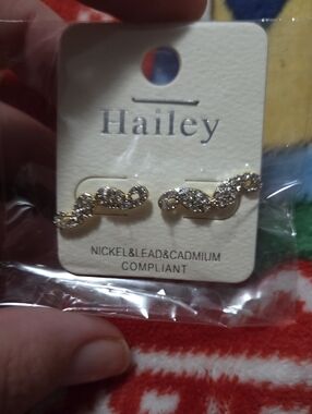 Gold Crystal Mustache Stud Earrings - Gold New